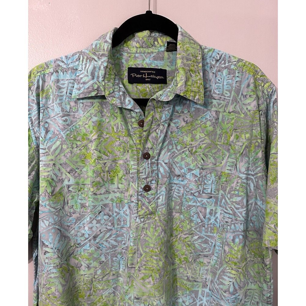 Pete Huntington Bali Handcrafted Green Blue Hawaiian Shirt‎ Size Medium Popover